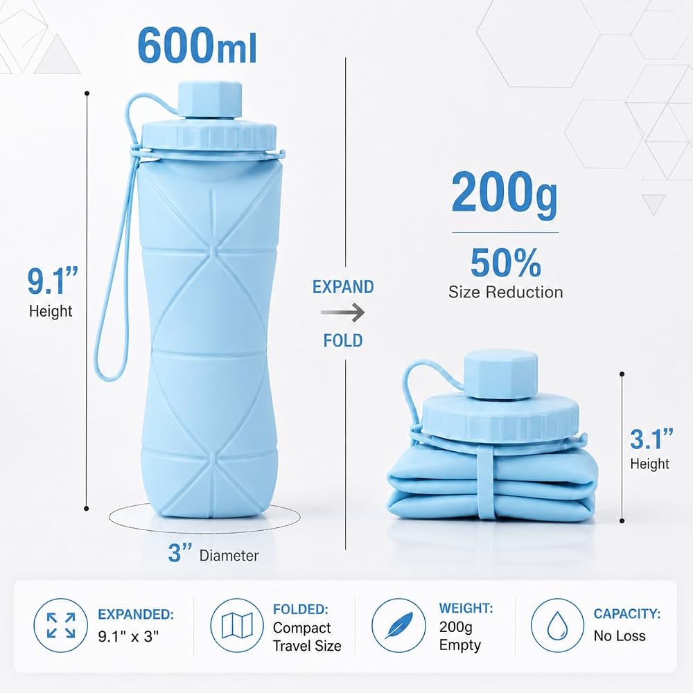 Collapsible Silicone Water Bottle | BPA-Free Leakproof Foldable Travel Water Bottle