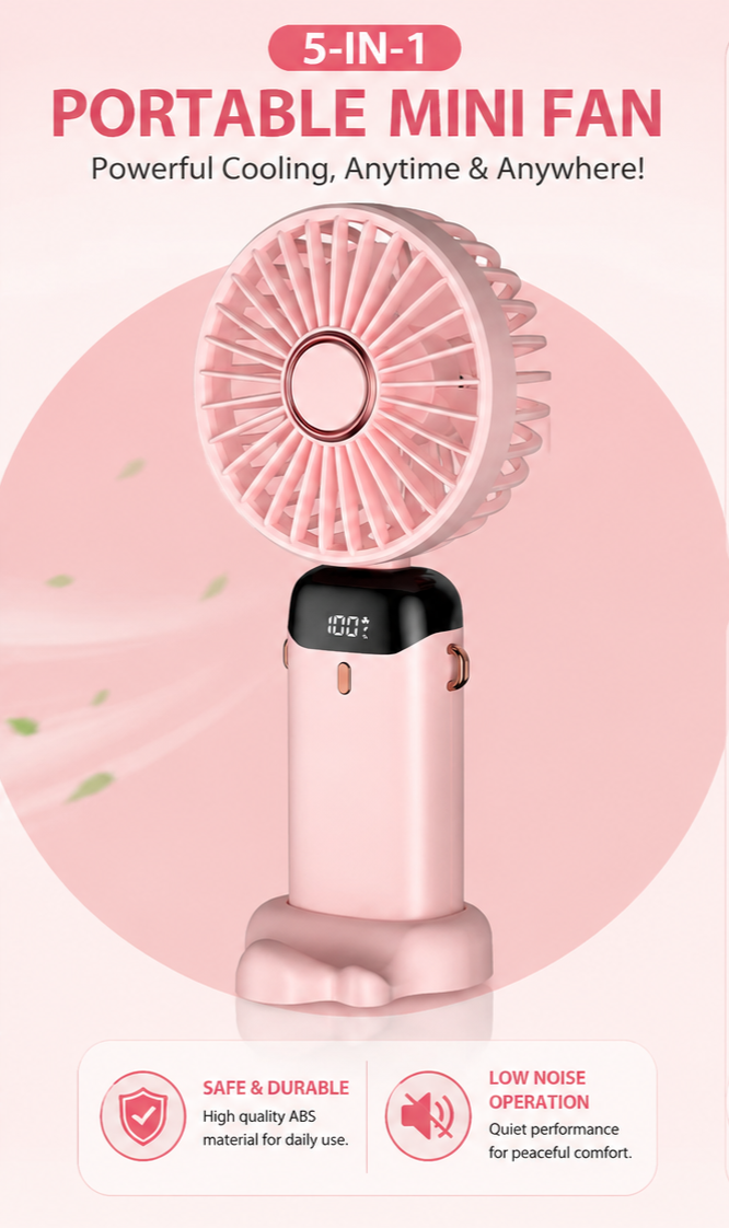 Digital Display Portable Mini Fan 5-in-1 USB-C Rechargeable Handheld Fan with LED Display & Charging Cable (Random Color)