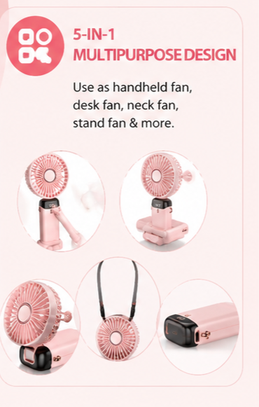 Digital Display Portable Mini Fan 5-in-1 USB-C Rechargeable Handheld Fan with LED Display & Charging Cable (Random Color)