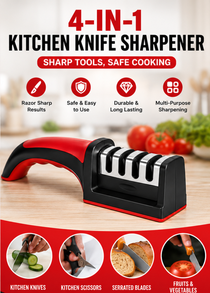 4-in-1 Adjustable Kitchen Knife & Scissor Sharpener – Professional Manual Blade Sharpening Tool