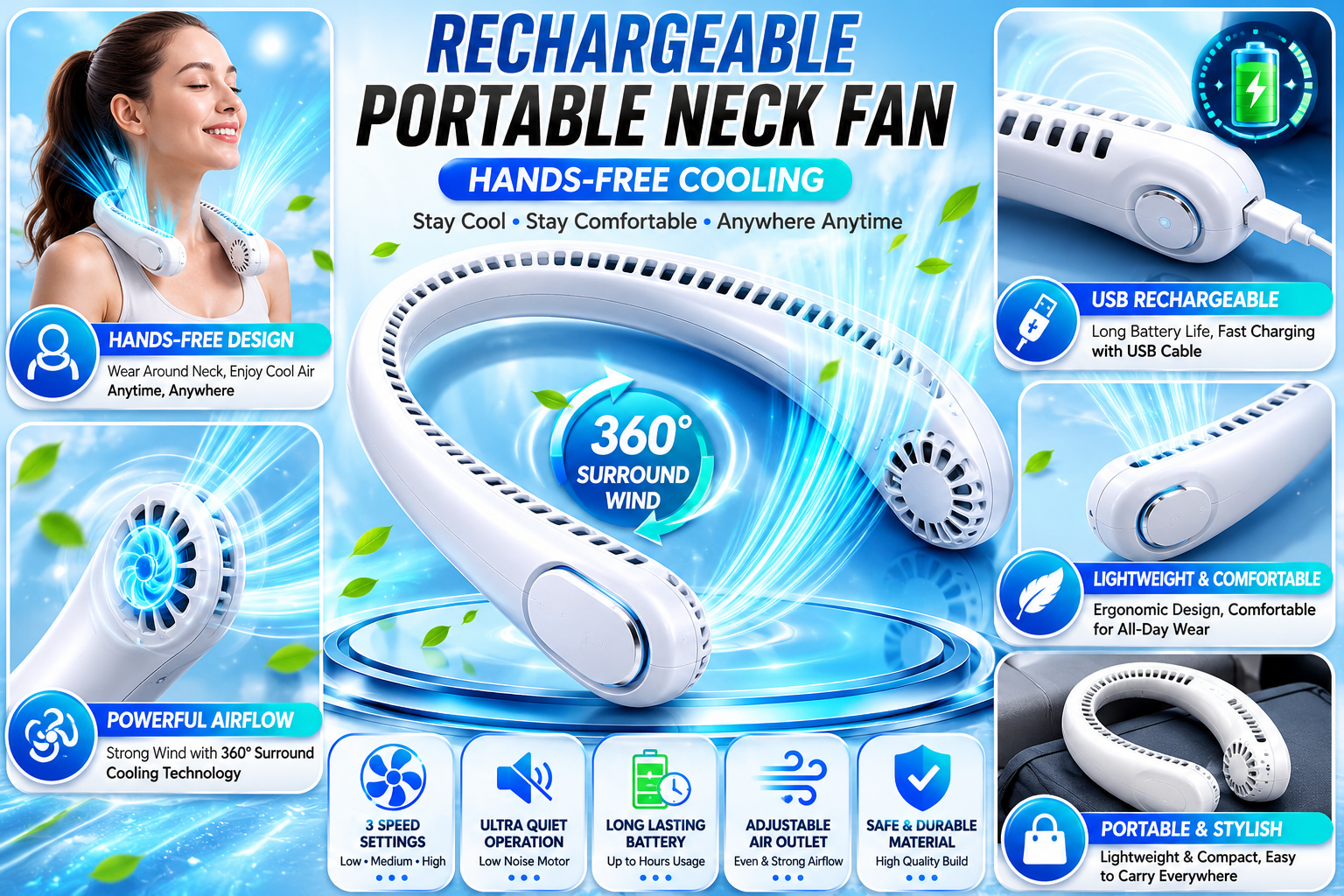 Rechargeable Portable Neck Fan – Hands-Free USB Cooling Fan for Indoor & Outdoor Use