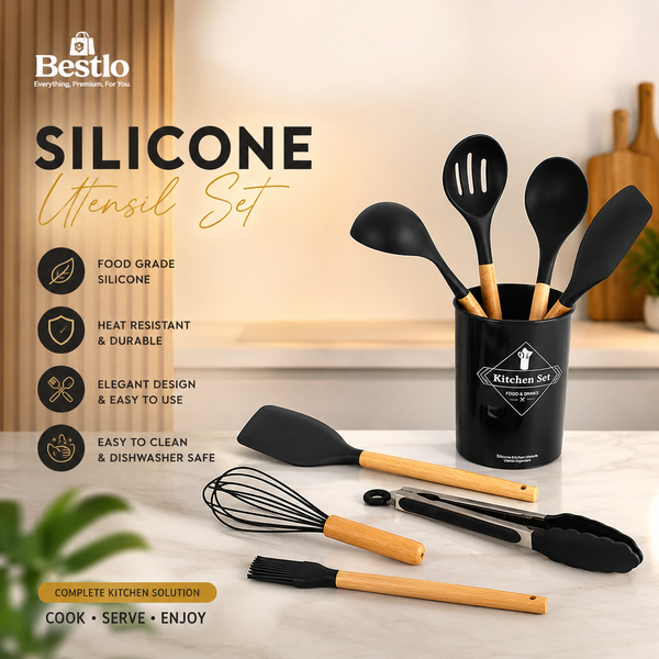 12 Pcs Silicone Kitchen Utensil Set Wooden Handle