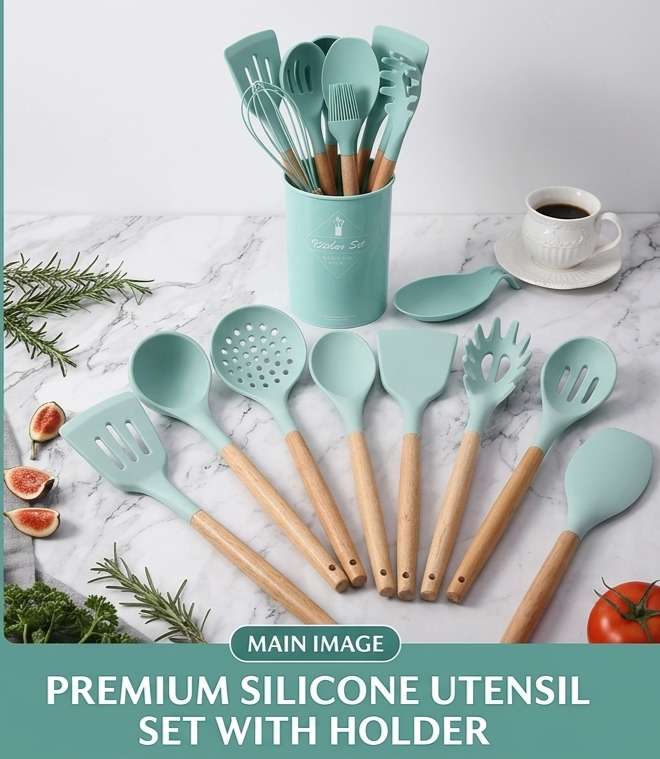 12 Pcs Silicone Kitchen Utensil Set Wooden Handle