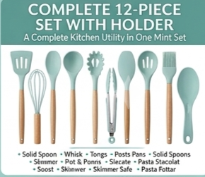 12 Pcs Silicone Kitchen Utensil Set Wooden Handle